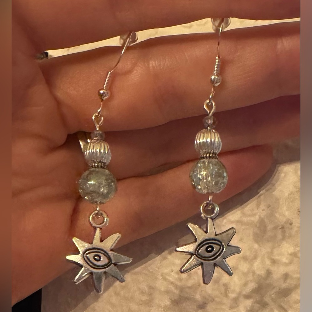 Silver Star Eye Dangle Earrings